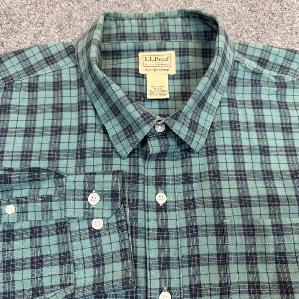 LL Bean Mens XL Plaid Button Down Shirt Green Navy Blue 100% Cotton 513829